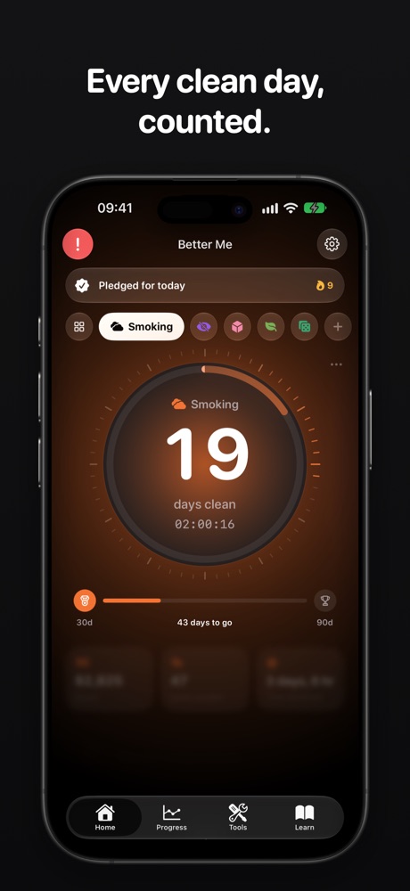 Quitter home screen showing the clean-day streak