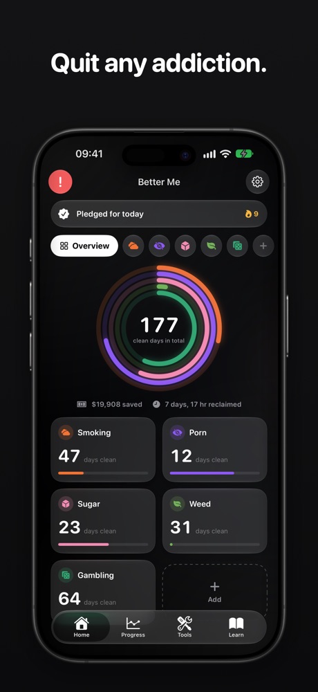 Quitter overview with a counter for each addiction