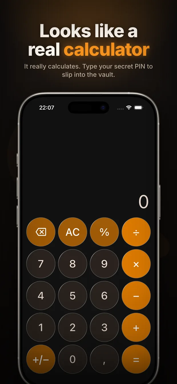 Calculator Vault running as a normal calculator on an iPhone home screen
