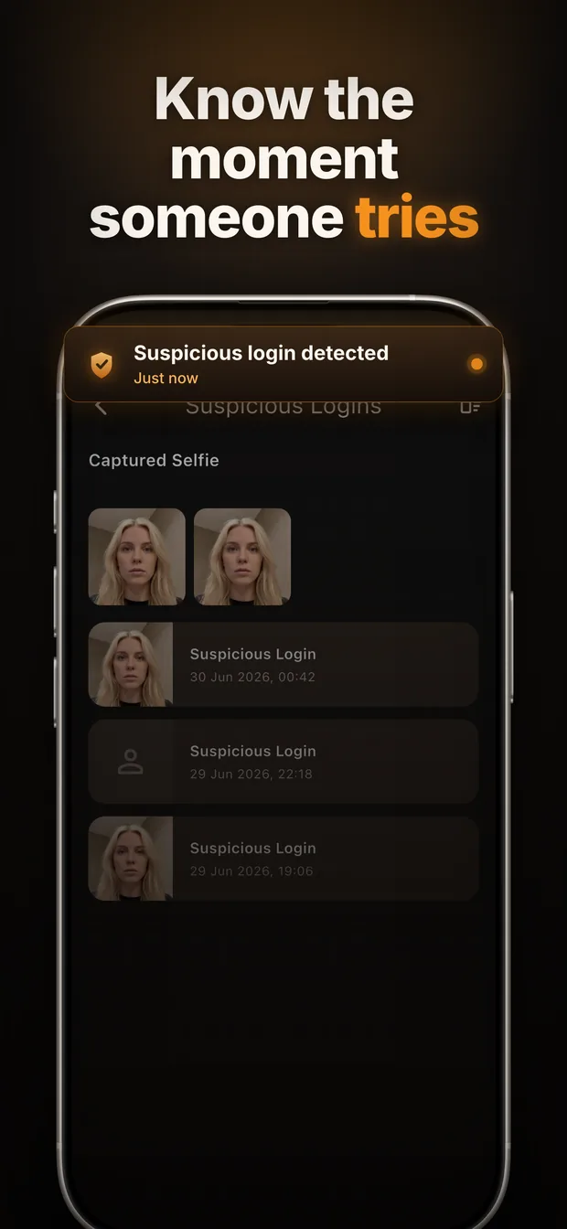 Intruder alert log with a photo captured after a failed unlock attempt