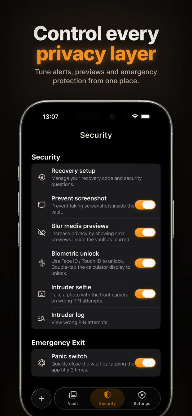 Calculator Vault security settings including biometric unlock and screenshot protection