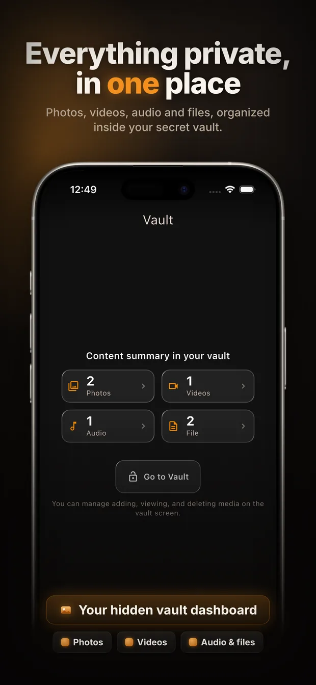 Calculator Vault vault home with photo, video and file albums