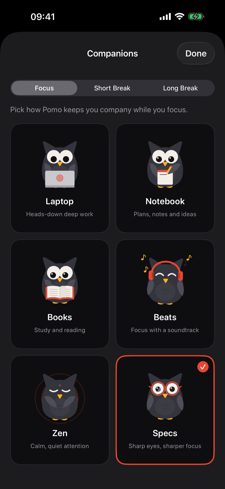 Companions picker with Pomo animations for focus